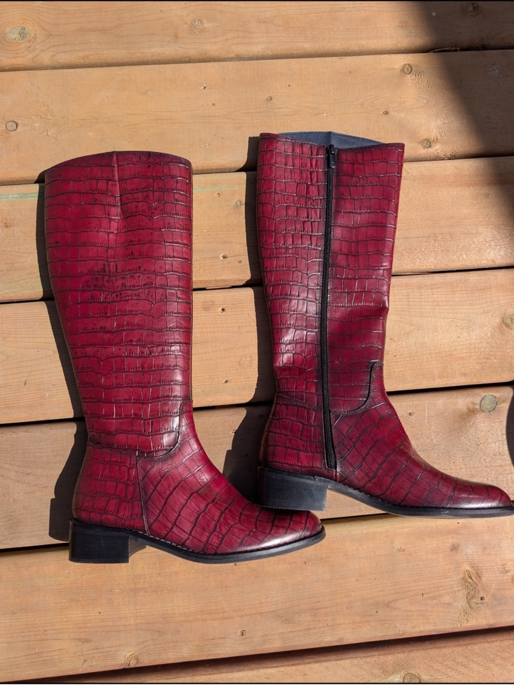 Croc-Embossed Tall Boots Deep Burgundy New Size 38